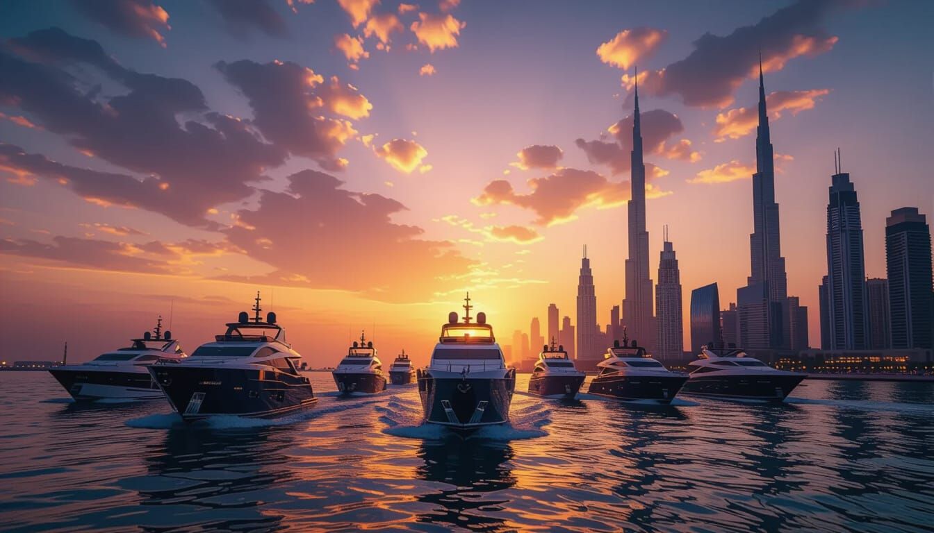 Opulent Yachts Arrive in Dubai Harbor at Sunset