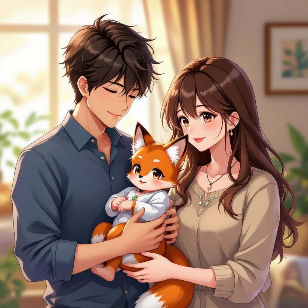 Anime Family with Fox-Eared Baby in Soft Light