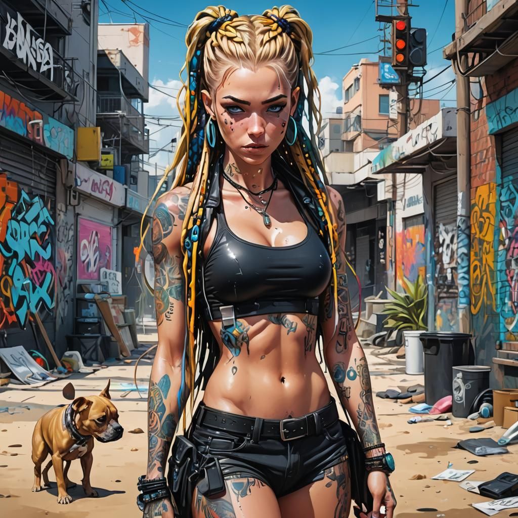 Cyberpunk Anime: Woman with Puppy on Beach