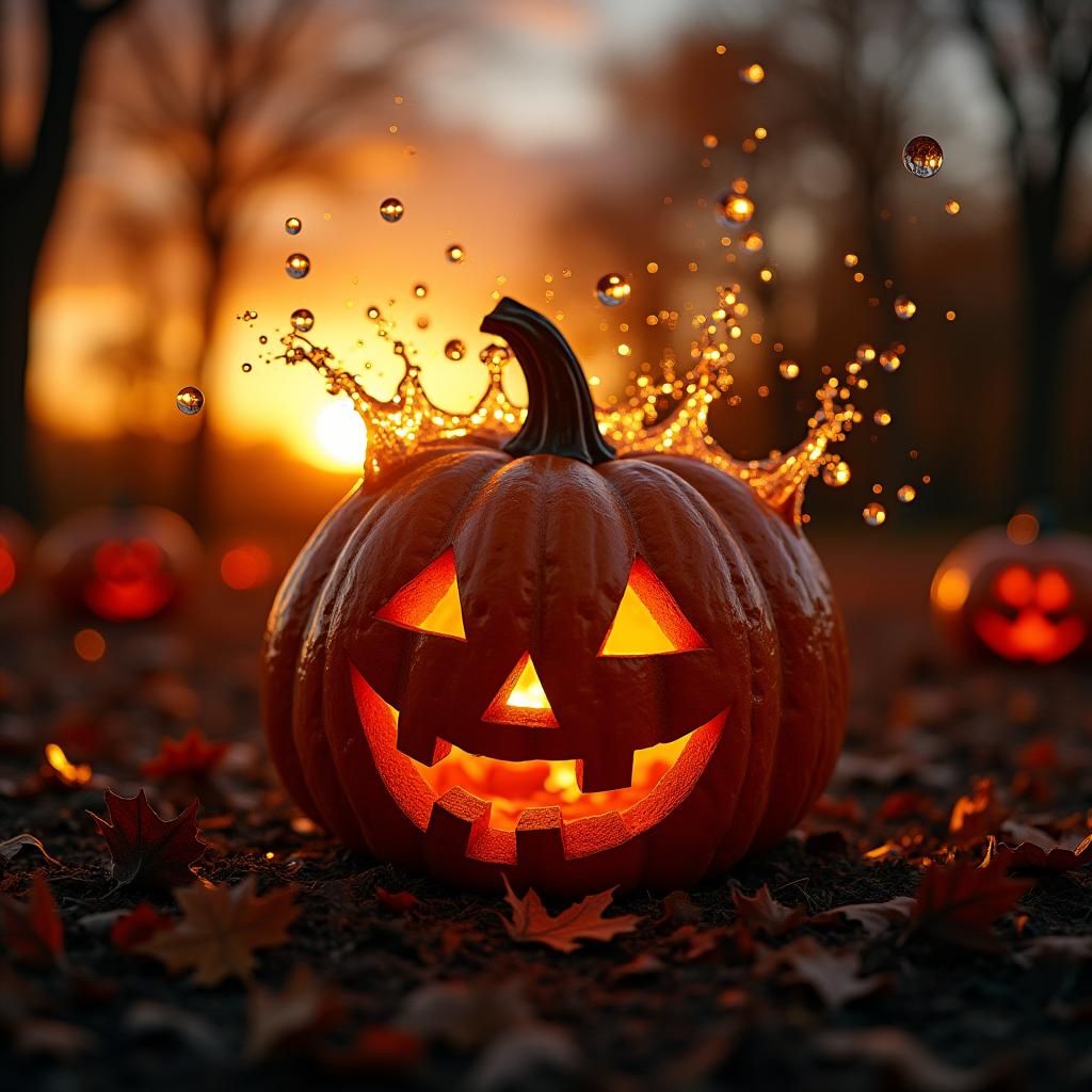 Haunted Pumpkin Patch at Sunset with Wood Splash