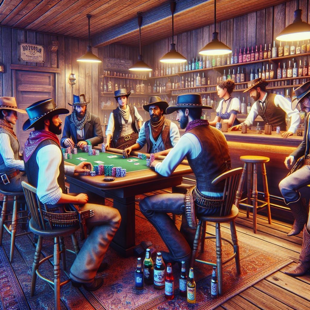 Cowboys Playing Poker in a Detailed Western Saloon