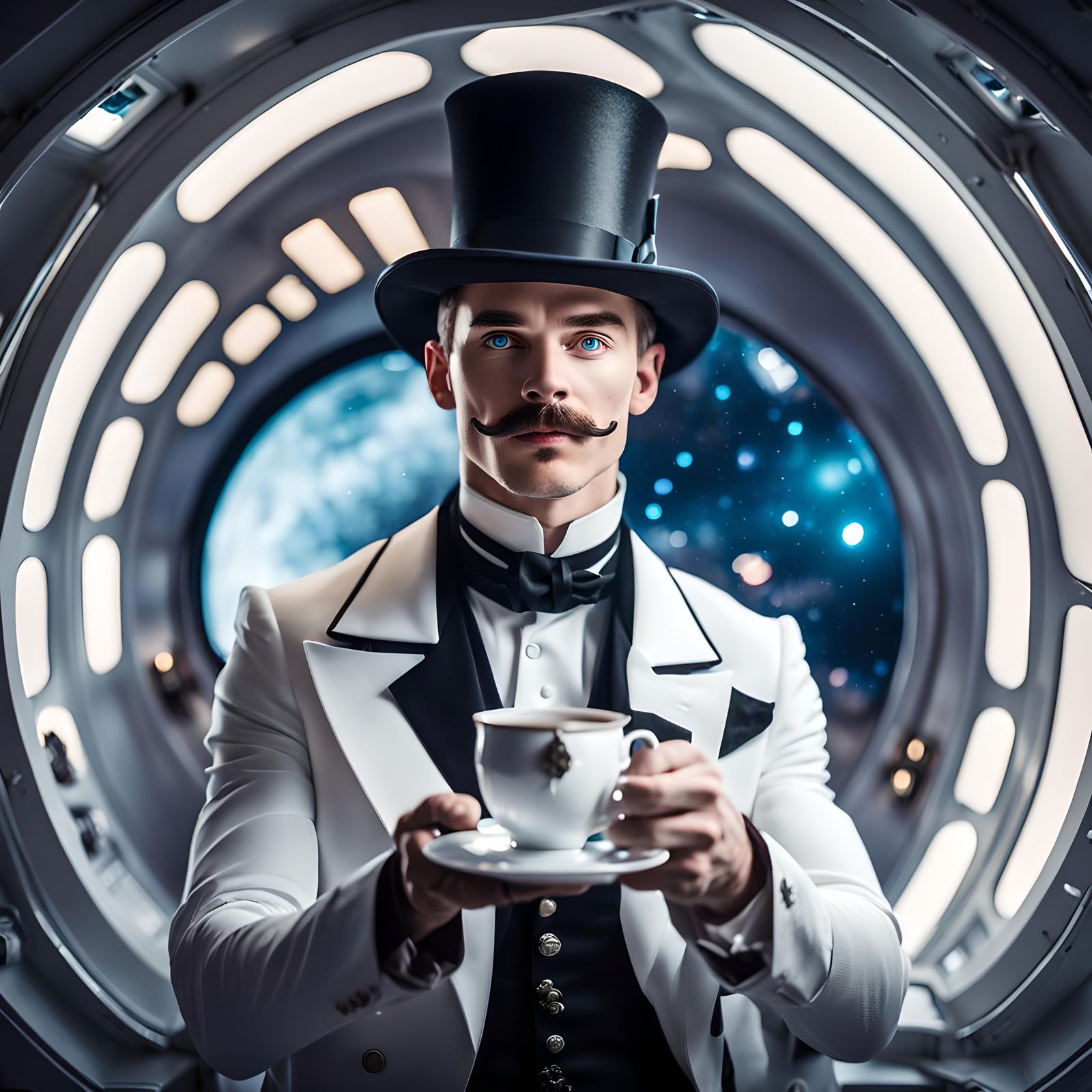 Victorian Man Takes Tea in Galactic Spaceship