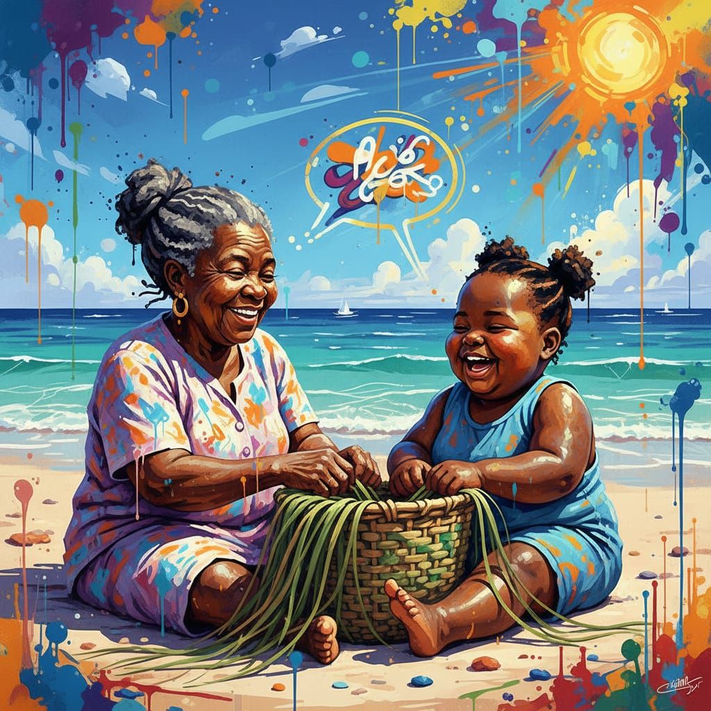 Black Girl Helping Elder Make Basket by Ocean