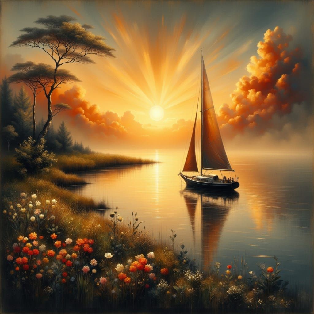<lora:Abstract Romanticism:1.0> sailboat with a beautiful stunning golden amber sunset behind sparse dark clouds over a ...