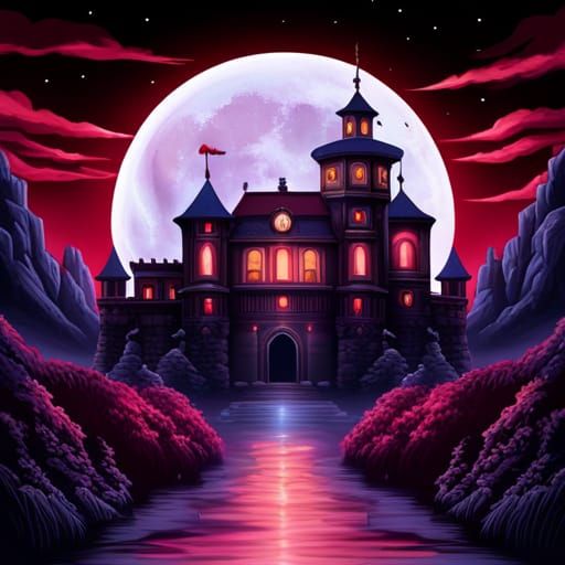 Majestic Floating Castle with Blood Moon, Fantasy Art