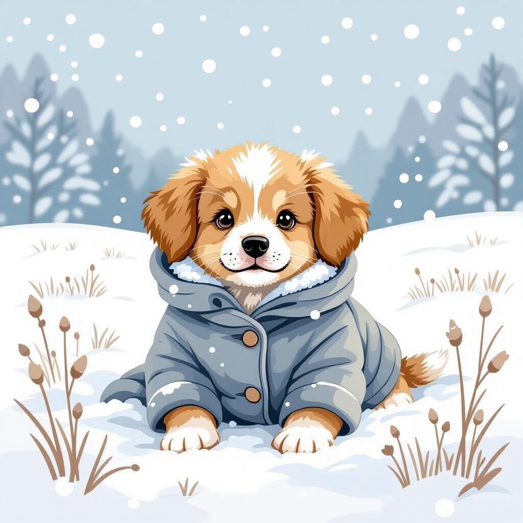 Puppy in Winter Wonderland: Storybook Illustration