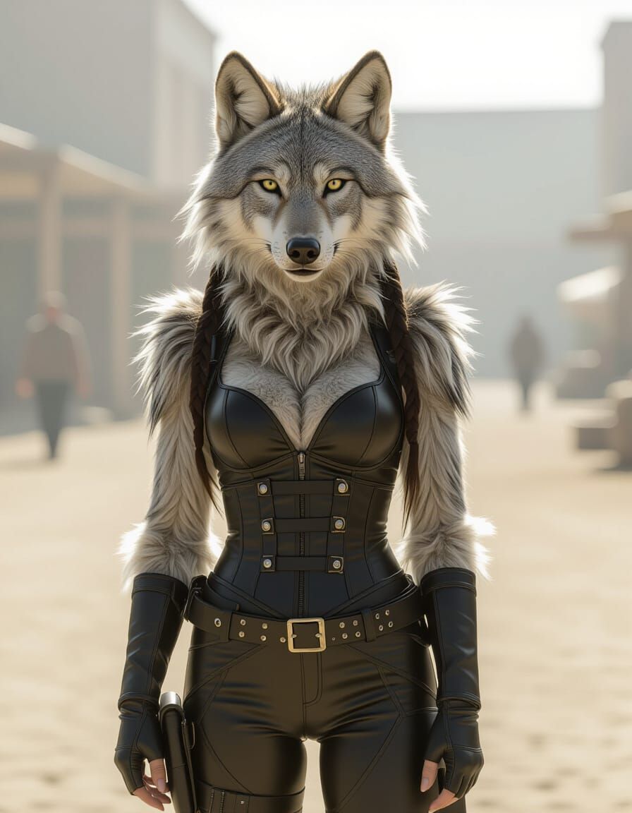 Anthro Wolf Girl in Tight Bodysuit, Cinematic Film Still