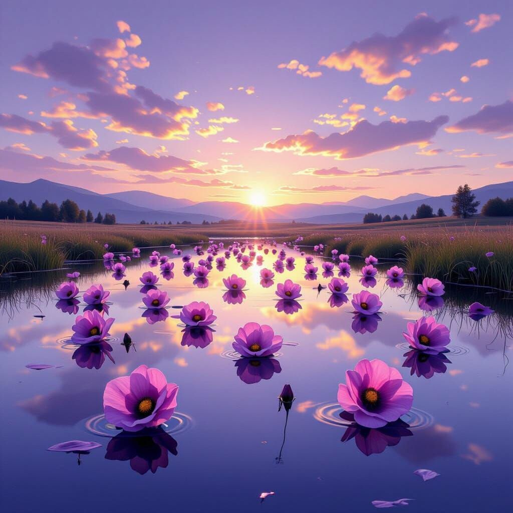 Surreal Lilac Poppies Floating on Mirrored Lake