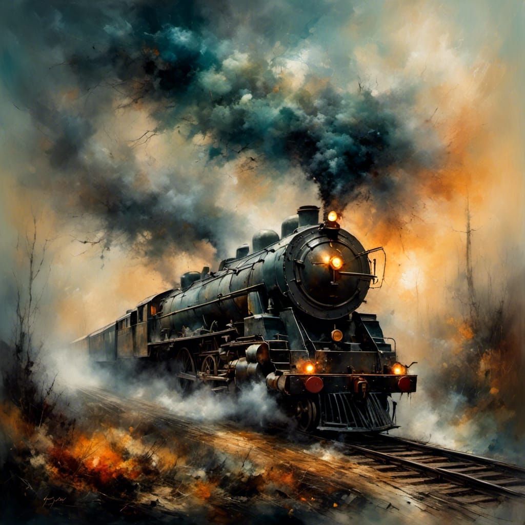 Steam Train Emerges from Mist in Romantic Sunset