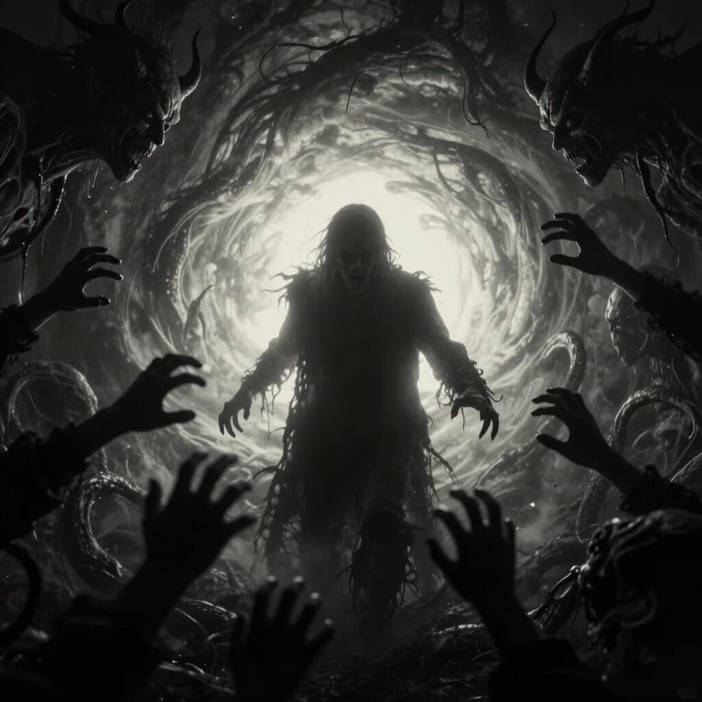 Surrealist Struggle: Figure Consumed by Shadowy Vortex