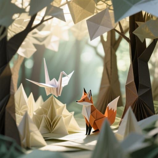 Intricate Origami Forest Scene with Paper Cranes and Foxes