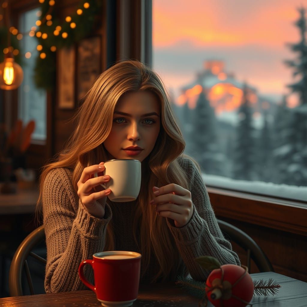 Bustling Twin Peaks Winter Scene with Elegant Woman and Coff...