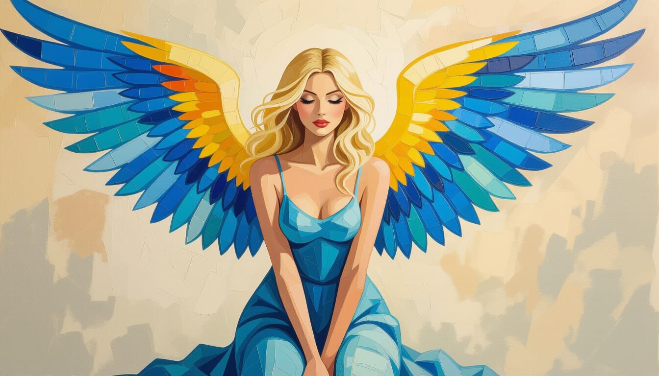 Angelic Figure Kneeling in Vibrant Blue and Yellow Impasto S...