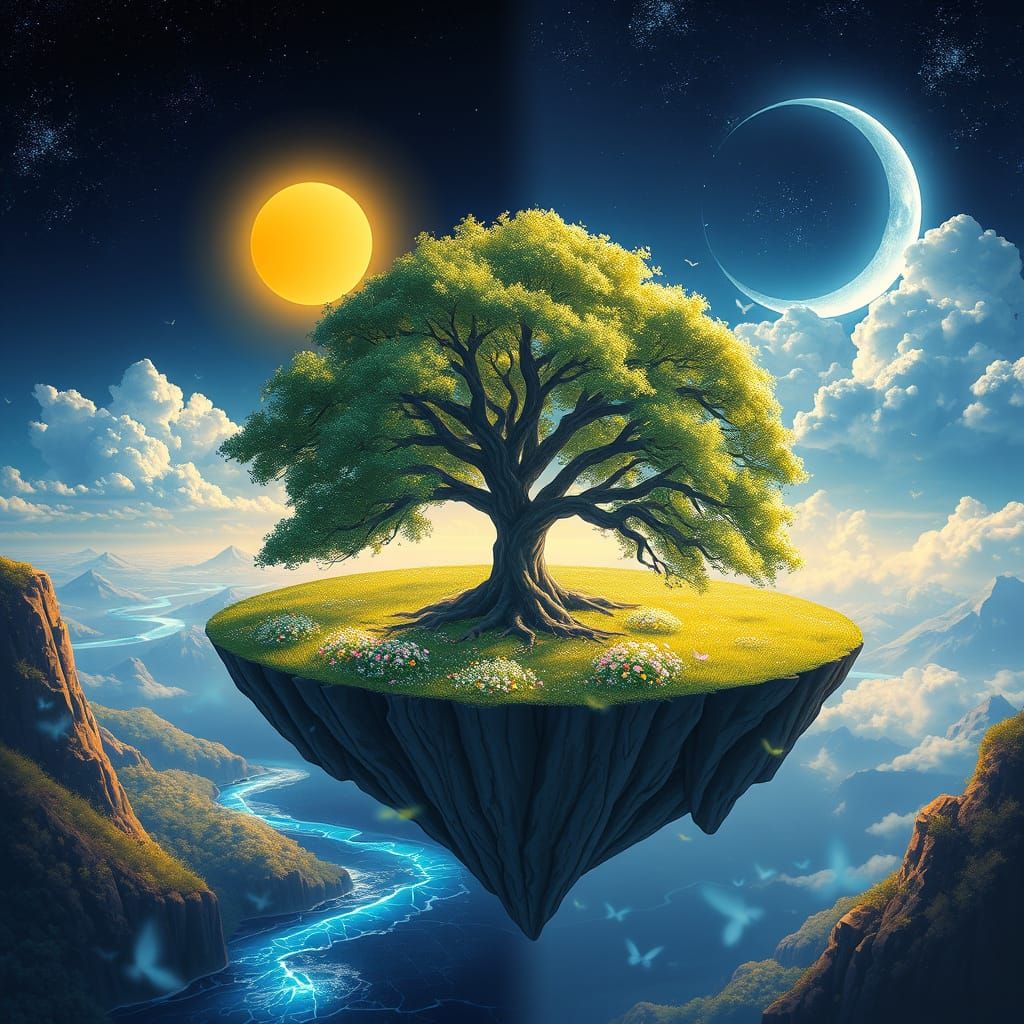 Floating Island Divided: Sunlit Meadow and Starlit Dreamscap...