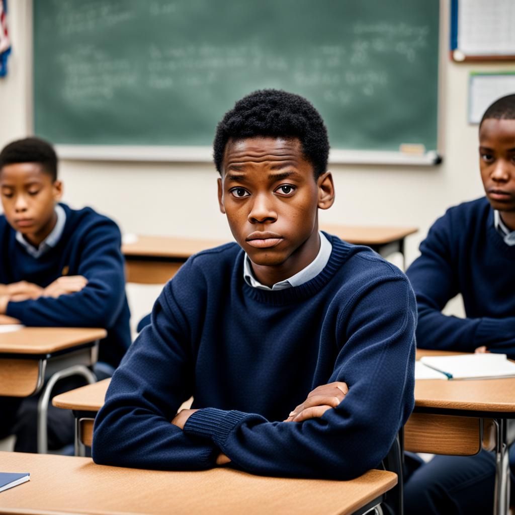 Young Black Student in Classroom, Thoughtful Expression