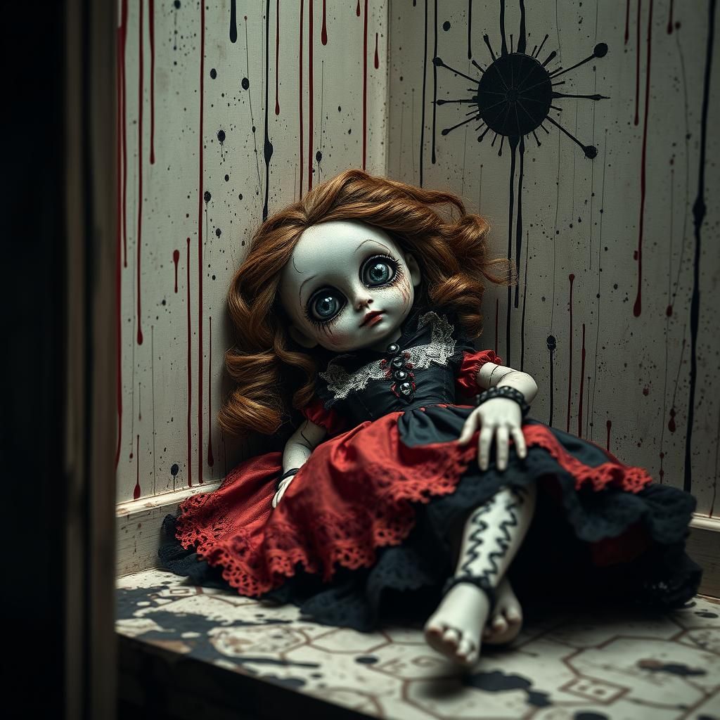 Creepy Gothic Porcelain Doll in Dark Romanticism Style