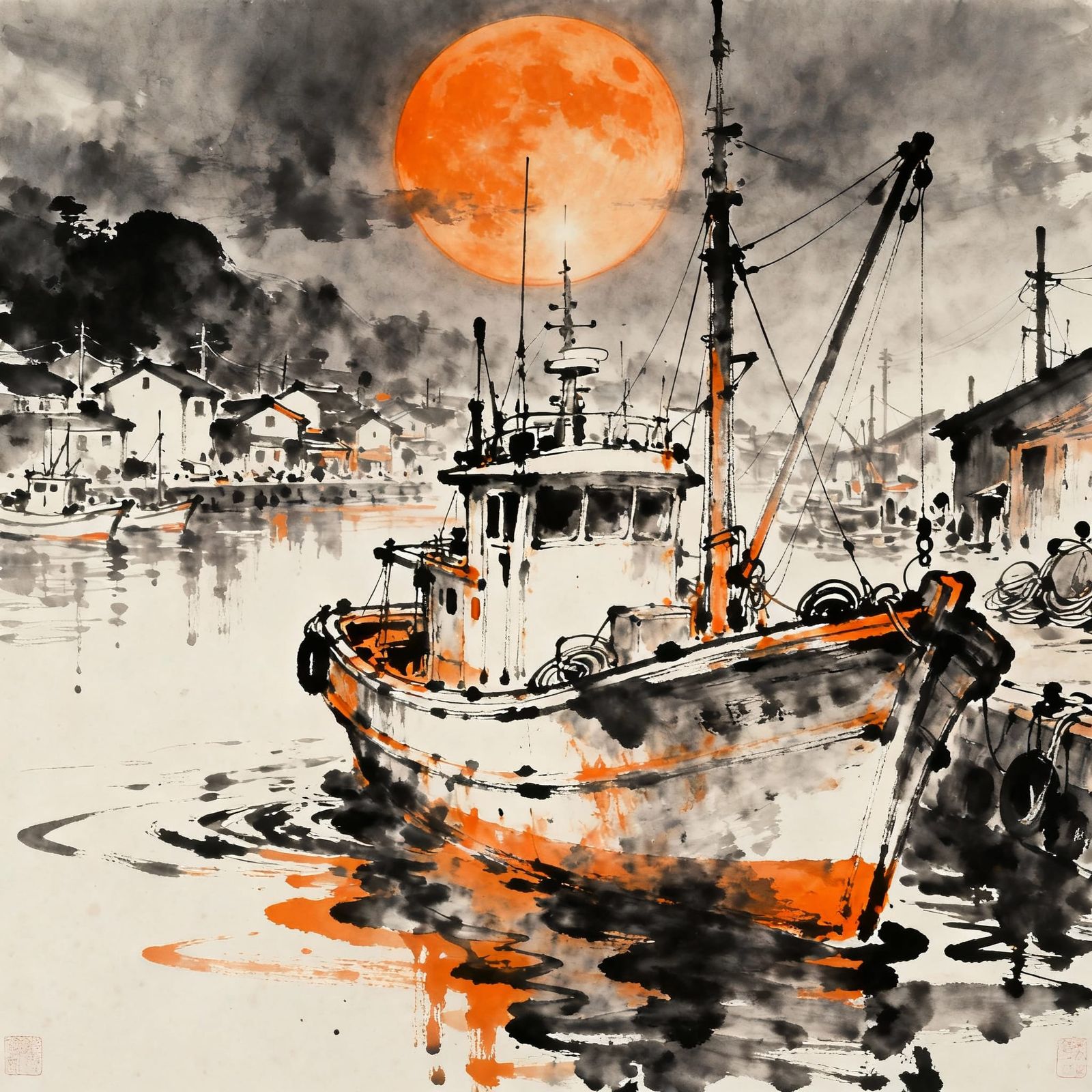 Vaporwave Orange Moon Over Harbor Fishing Boat Watercolor