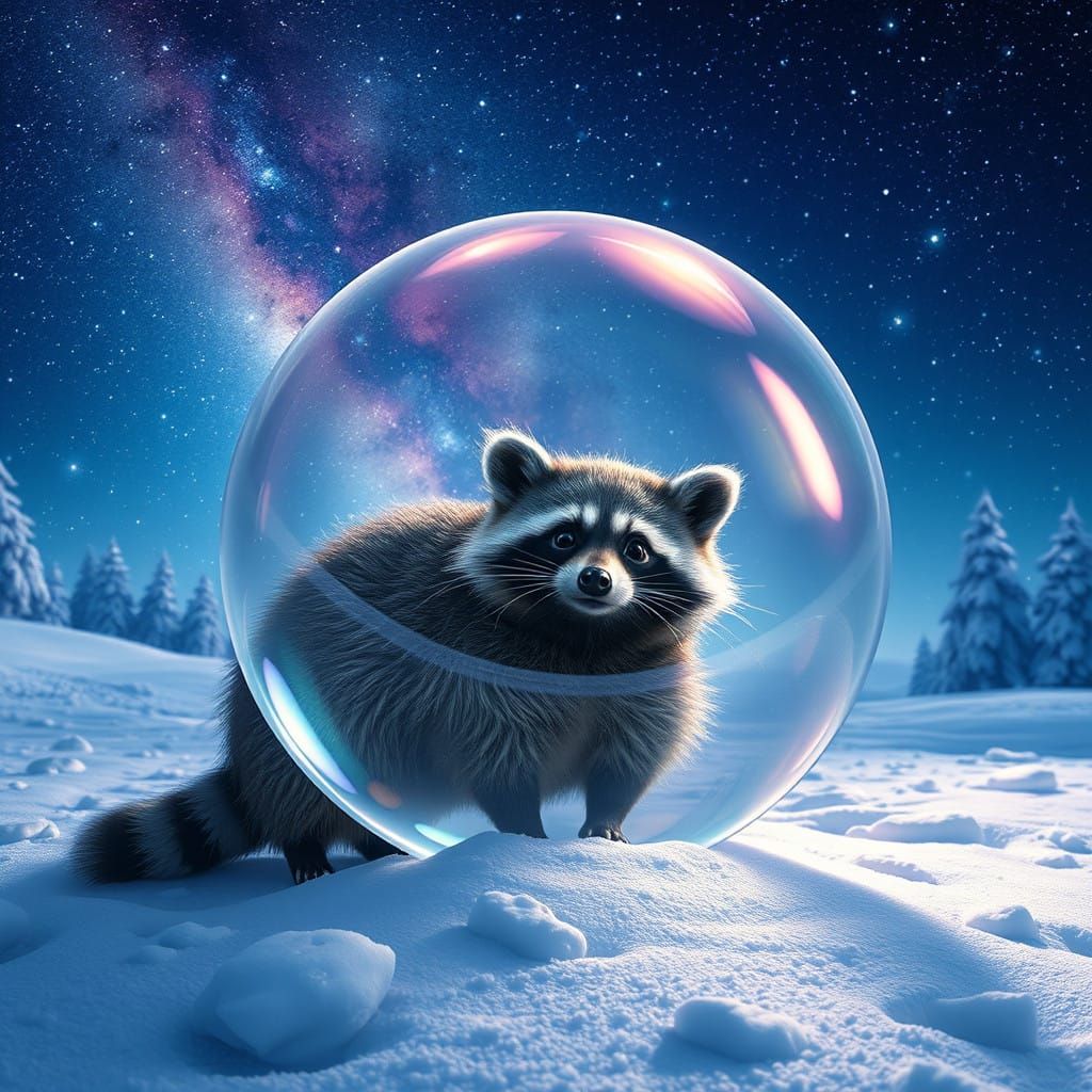 Whimsical Raccoons in Starry Winter Wonderland