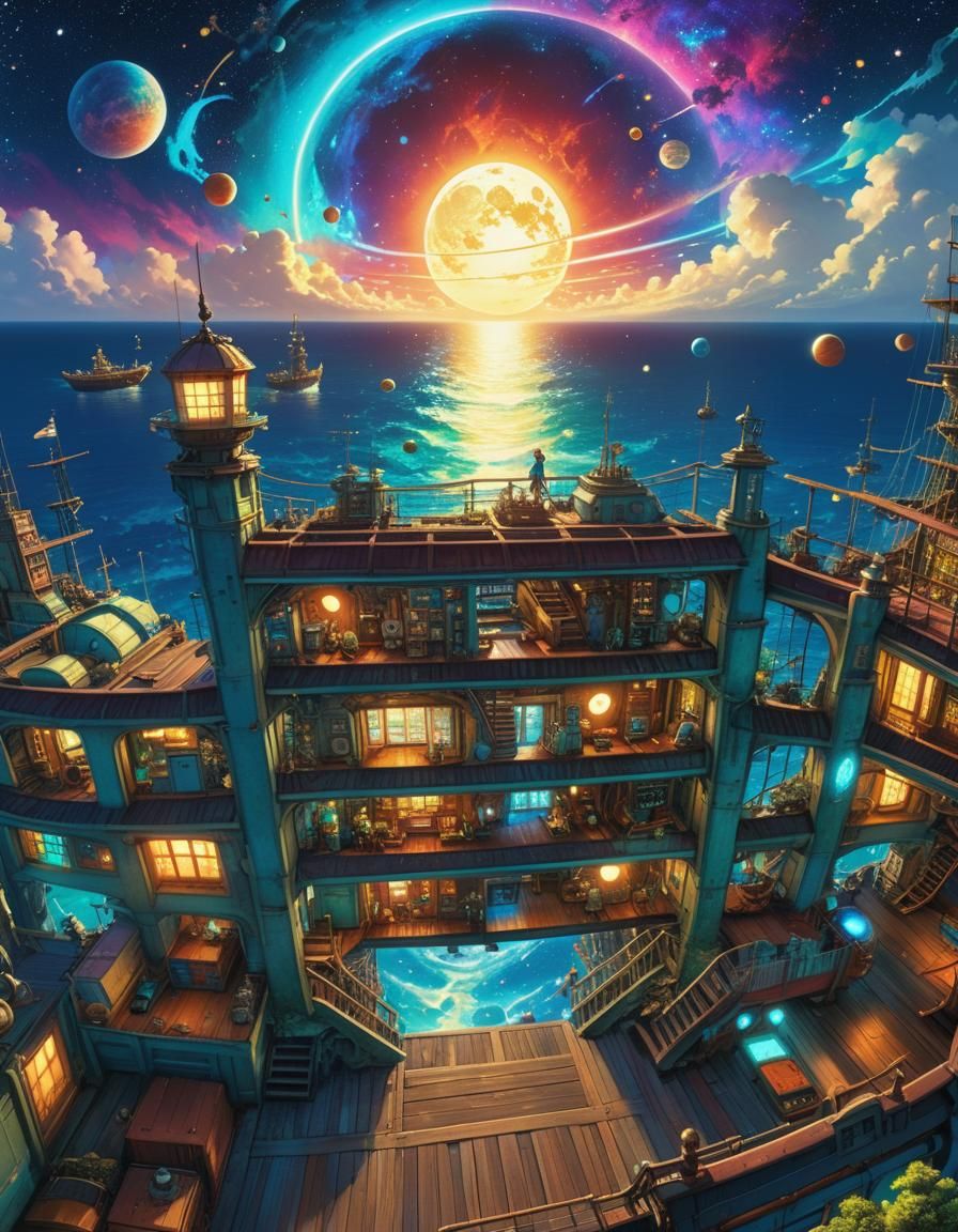 Starry Ocean Night: Retro Sci-Fi Digital Painting