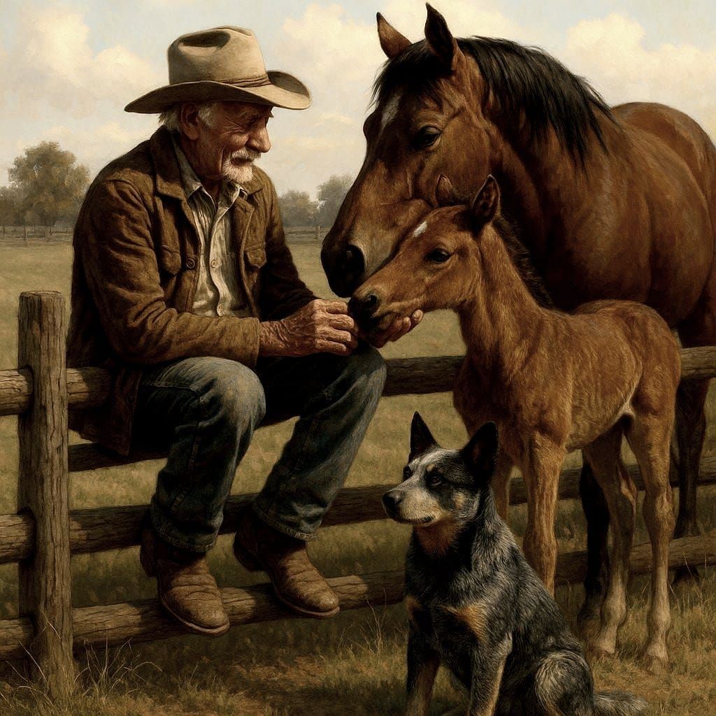 Old Cowboy Bonds with Mare and Foal on Farm Fence