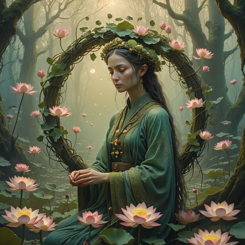Mavka Weaving Lotus Wreath in Mystical Forest