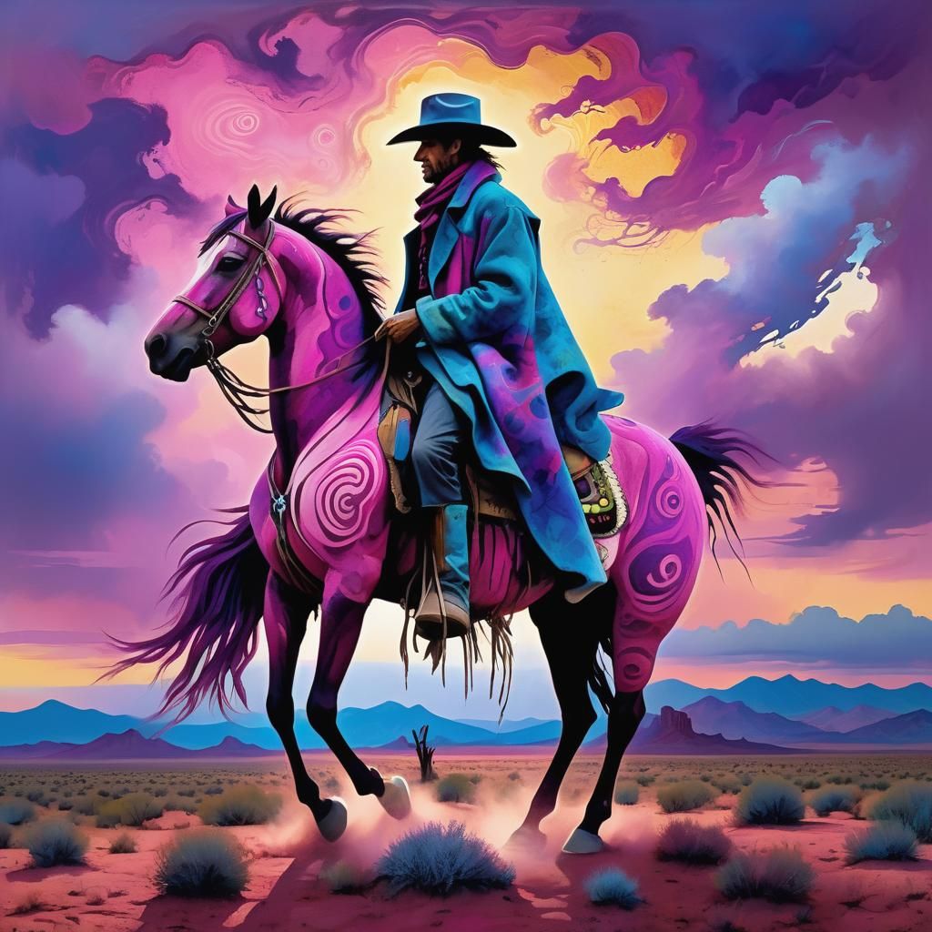 Cowboy on Pink Horse in Rothko-Frazetta Surrealism