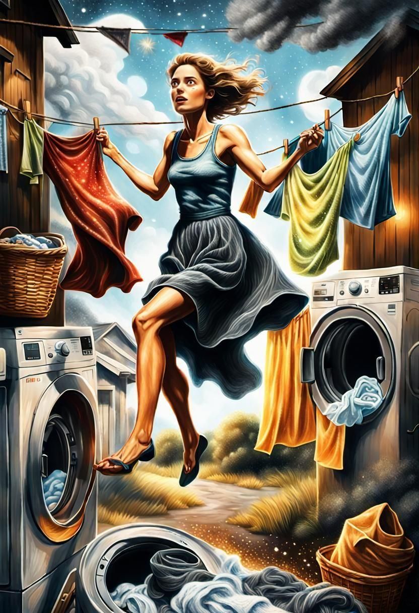 Woman and Laundry Fly in Black and White Charcoal Drawing
