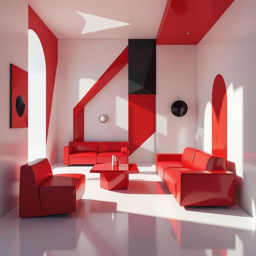 Surreal Geometric Room in Vivid Reds