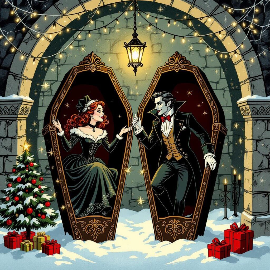 Vampire Couple Rises from Coffins in Cozy Christmas Crypt