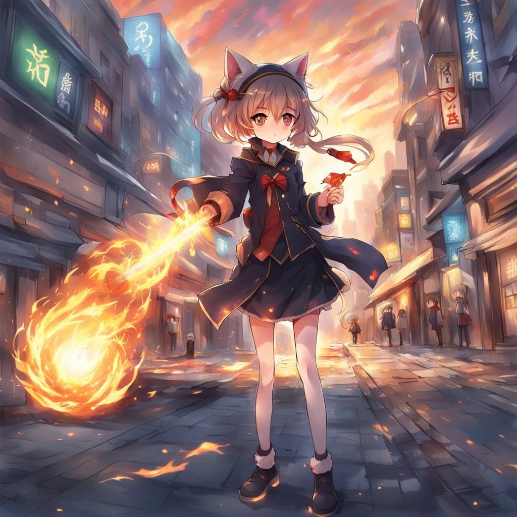 Cat Girl Casting Flame Magic: Anime Style