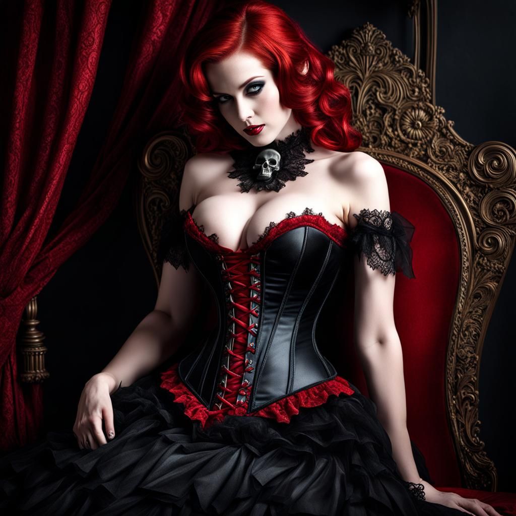 Happy Redhead Vampire Hugging Skull in Gothic Bedroom