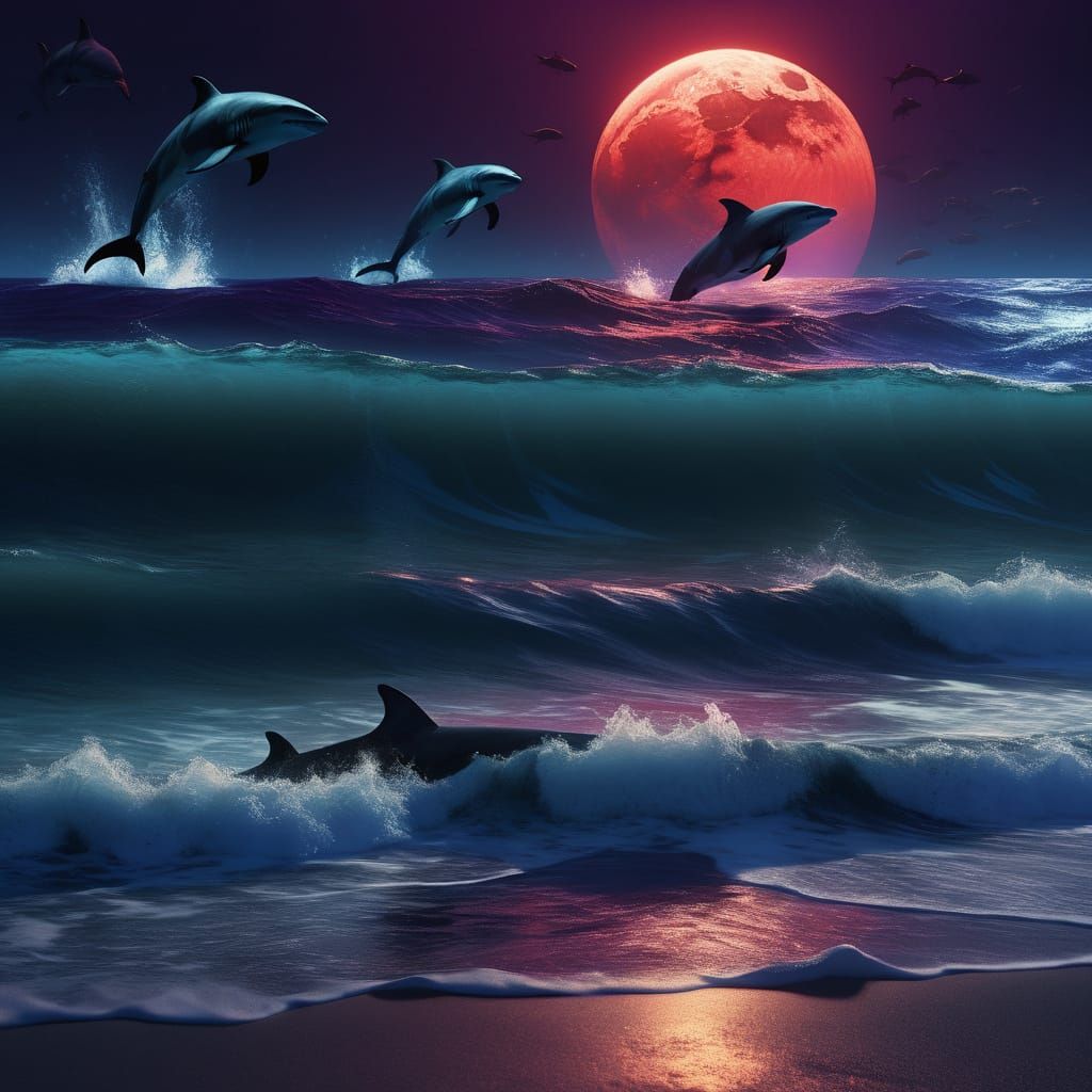Sharks and Dolphins Interact at Shore: Fantasy Art