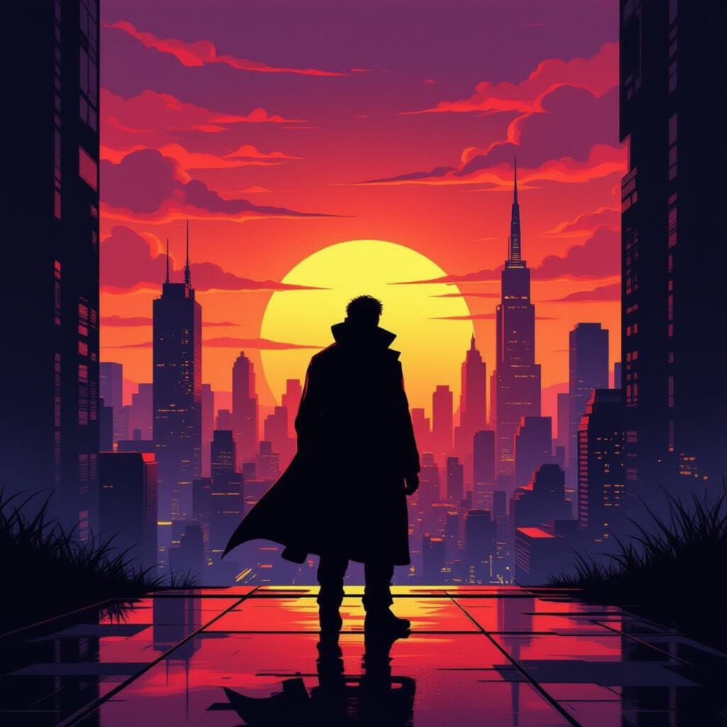 Silhouette in Sunset Cityscape, in Futuristic Style