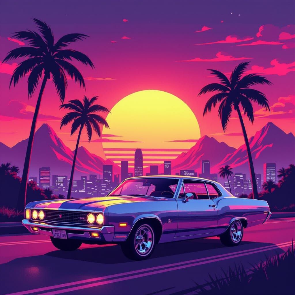 Retro-Futuristic Cityscape with Neon Sunset, Studio Trigger ...