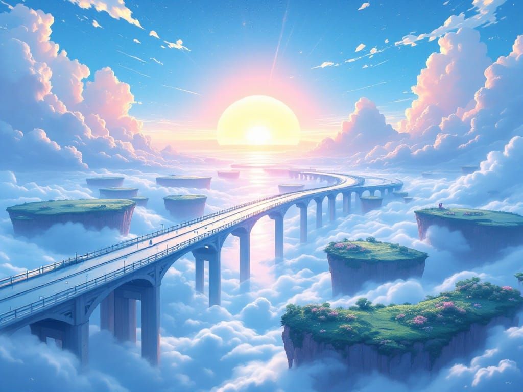Anime-Style Floating Islands Bridge at Sunrise