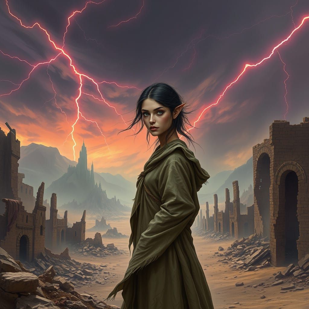 Mysterious Elf Woman in Desert Ruins in Atmospheric Cyberpun...