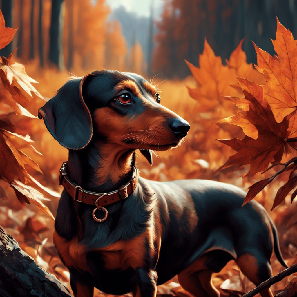 Vibrant Autumn Dachshund Portrait in Oil Painting Style