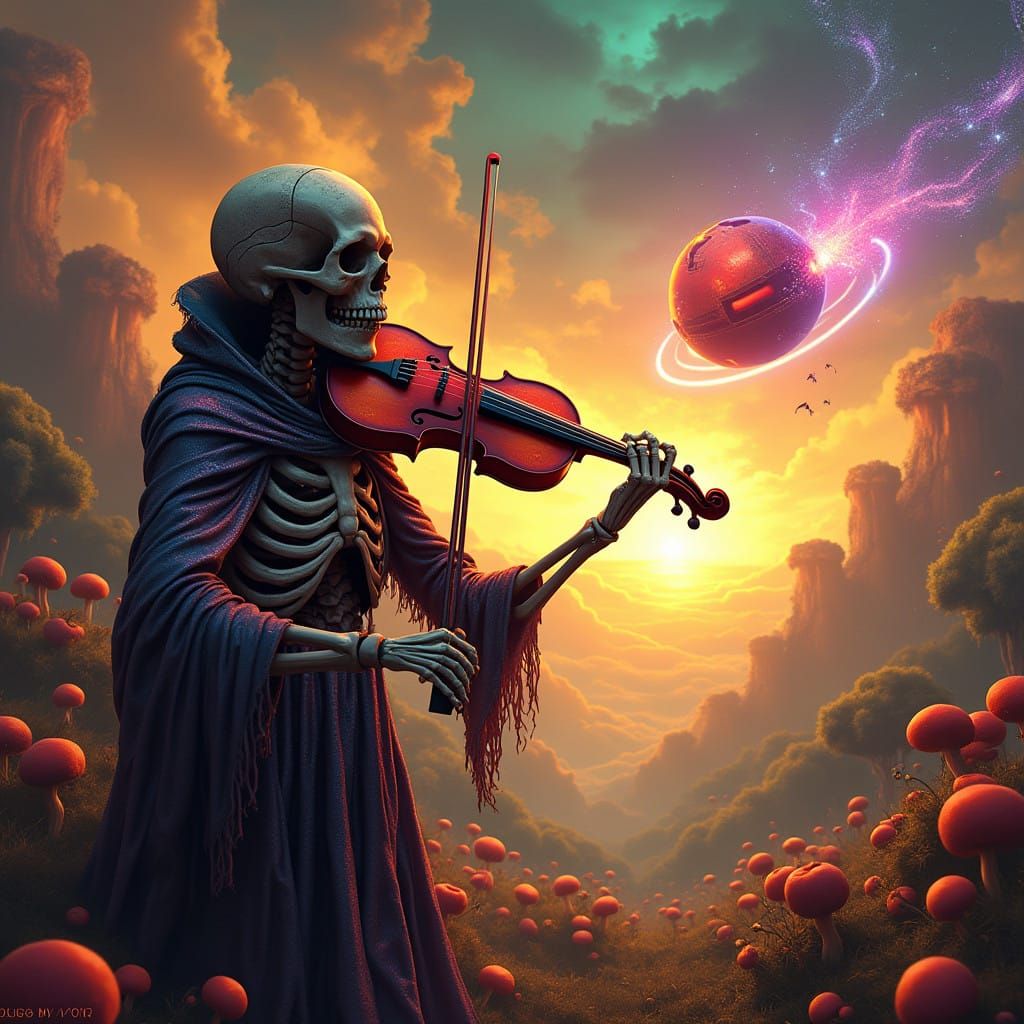 Cosmic Skeleton Plays Vibrant Melody on Iridescent Cloak