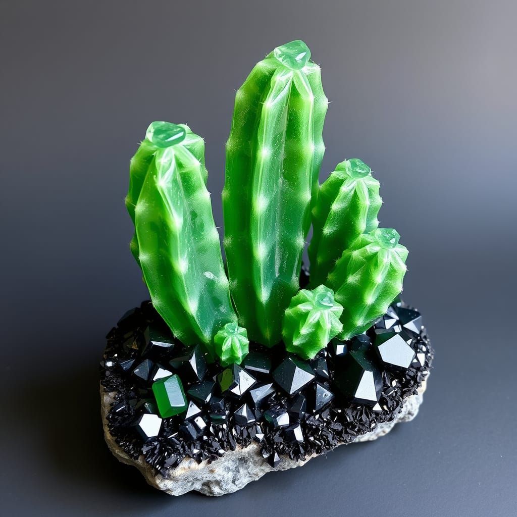 A beautiful cactus sculpted in green beryl, sitting in a bed...