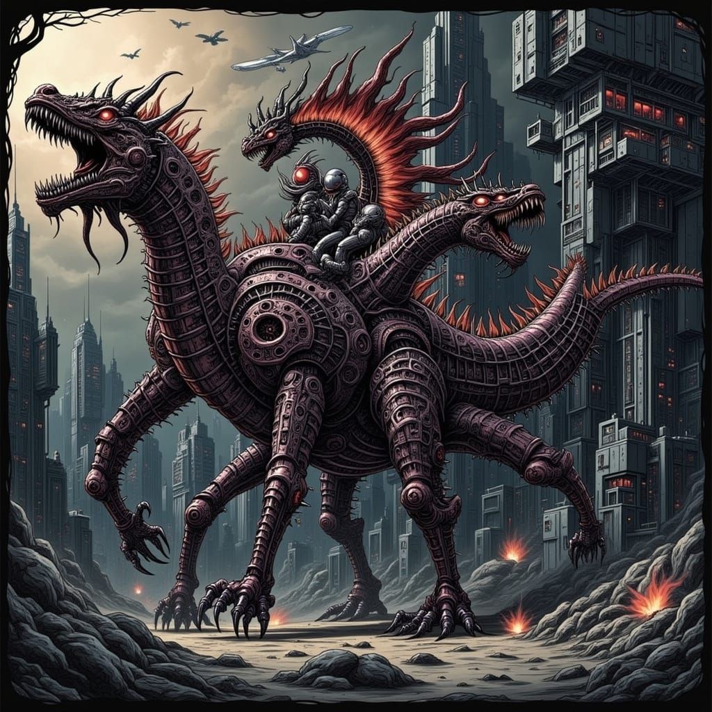 Demonic Mechagodzilla Centaur in Giger Style