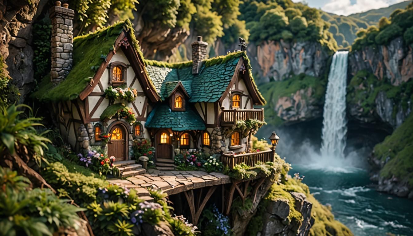 Enchanting Fairy Cottage by Waterfall, Photography