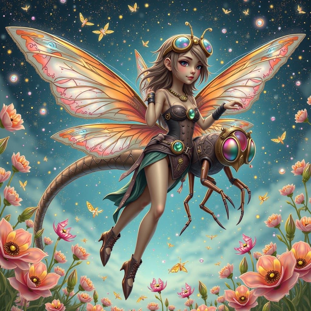 Steampunk Dragonfly Soaring Through Dreamlike Cosmos