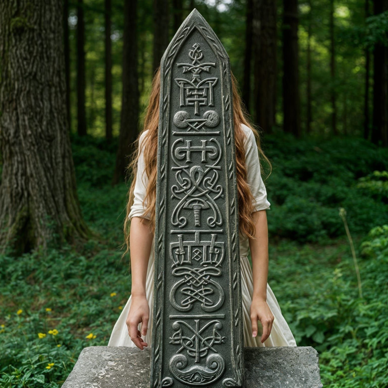 Celtic Woman Beside Rune Obelisk in Forest