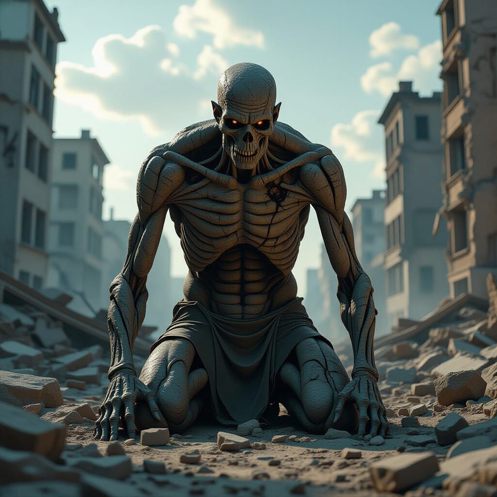 Emaciated Goliath Kneeling in Ruins, Dystopian Art