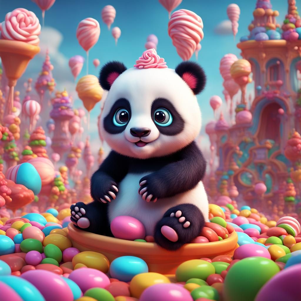 Baby Panda's Candyland Adventure: Detailed Fantasy Art
