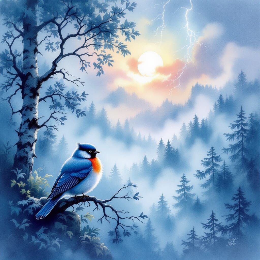 Dreamy Watercolor Forest Landscape with Bird