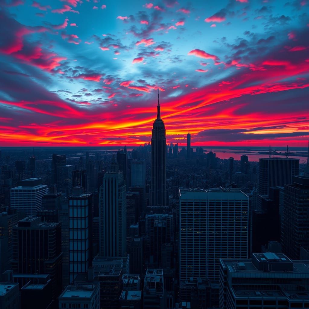 Fiery Sunset Over Manhattan: Hyperrealistic Cinematic Image