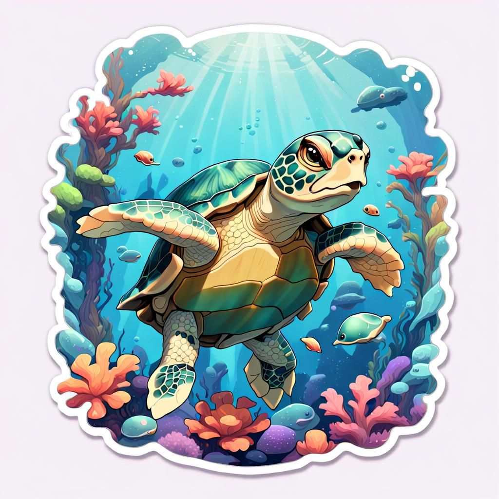 Kawaii Aquatic Turtle Stickers in Graphic Art Style