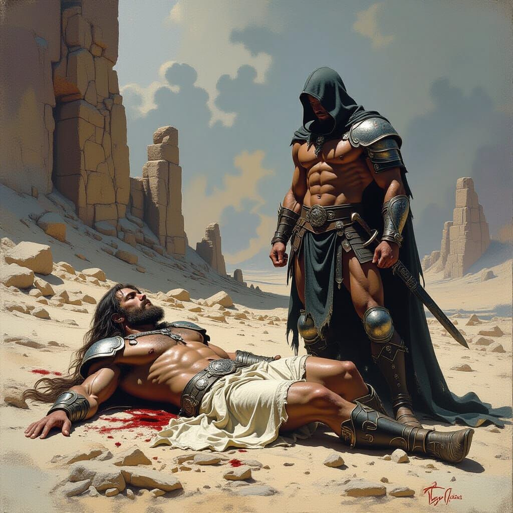 Triumphant Warrior Over Fallen God in Dark Fantasy Style