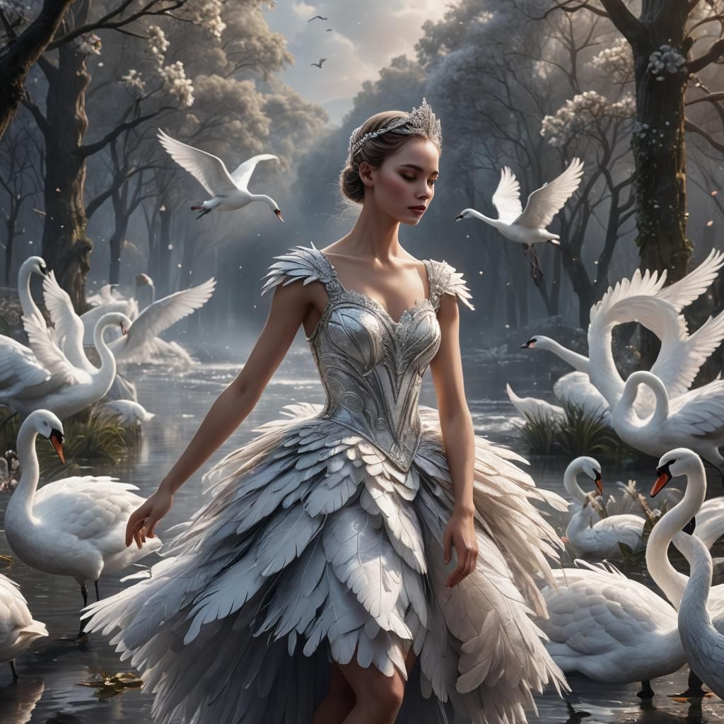 Feather Goddess with Swan: Detailed Matte Painting